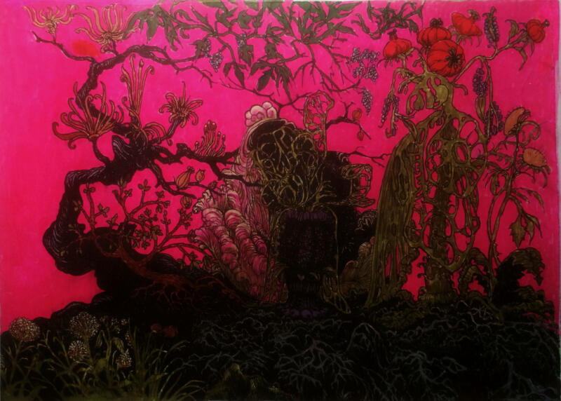 Moody artwork, depicting a witch, the moon, a raven, an old stonewall in ruins, trees, moss, grass, rotten fruit. Nightly november scenario. Peaceful.