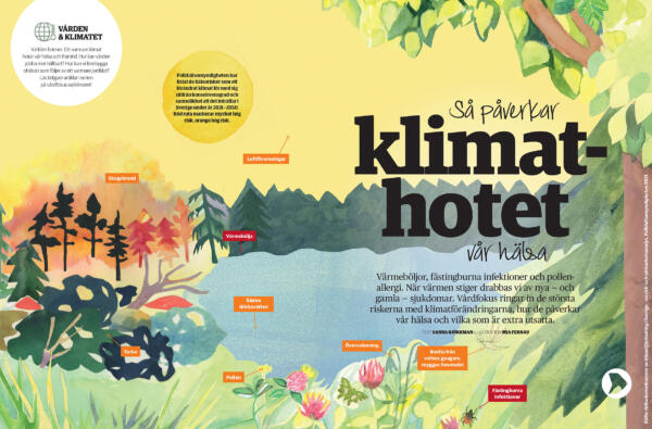 Skogsbränder. Sommar. Torka. Klimatkrisen. Vattenförbrukning. Vattenförsörjningen. Skogsområde. Brandonråde. Eldningsförbud. Skog och mark. Tbe. Badstrand. Sommarsverige. Värmebölja. Pollenallergi. Fästingburna infektioner. Klöverblommor. Illustratör. 