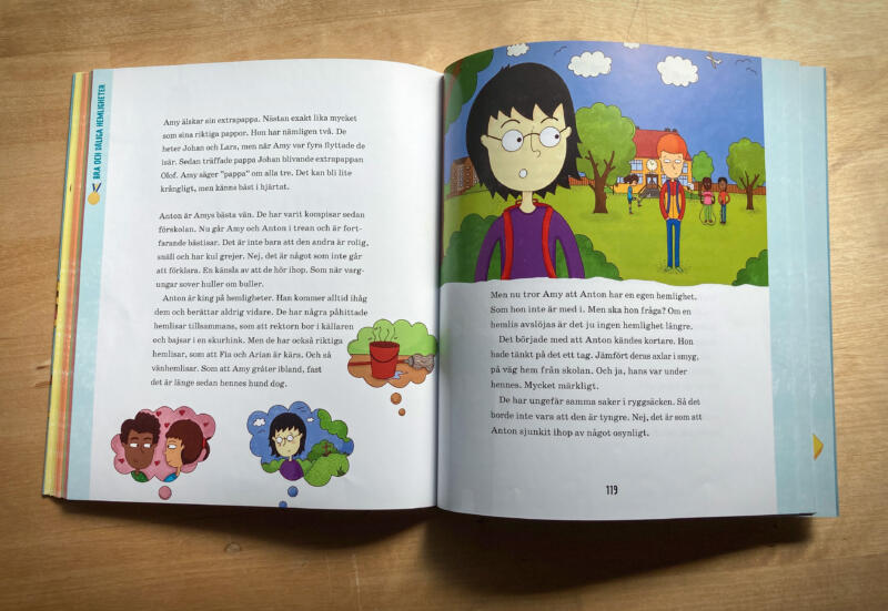 Uppslag i boken Stopp! Min kropp! Illustrationen föreställer barn på en skolgård.