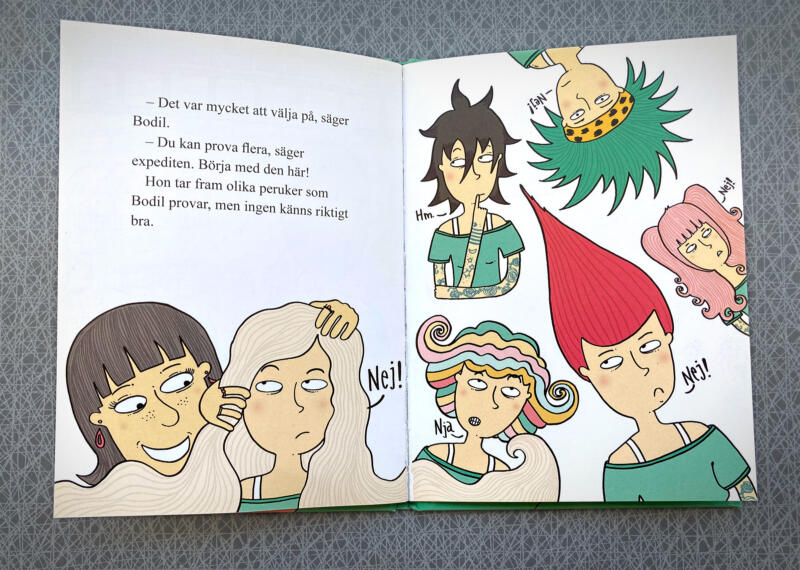 Illustration med en kvinna som prövar många olika peruker.