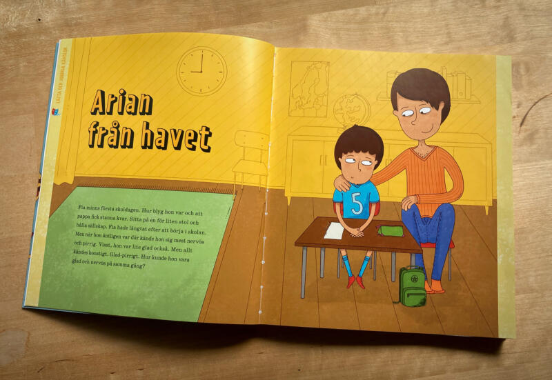 Uppslag i boken Stopp! Min kropp! Illustrationen föreställer en pappa och ett barn i skolmiljö.
