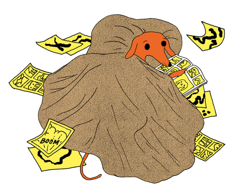Illustrerad bild en orange hund som ligger i en säng med gula serietidningar sprida runt omkring sig. Bilden är för Stockholms internationella seriefestival.