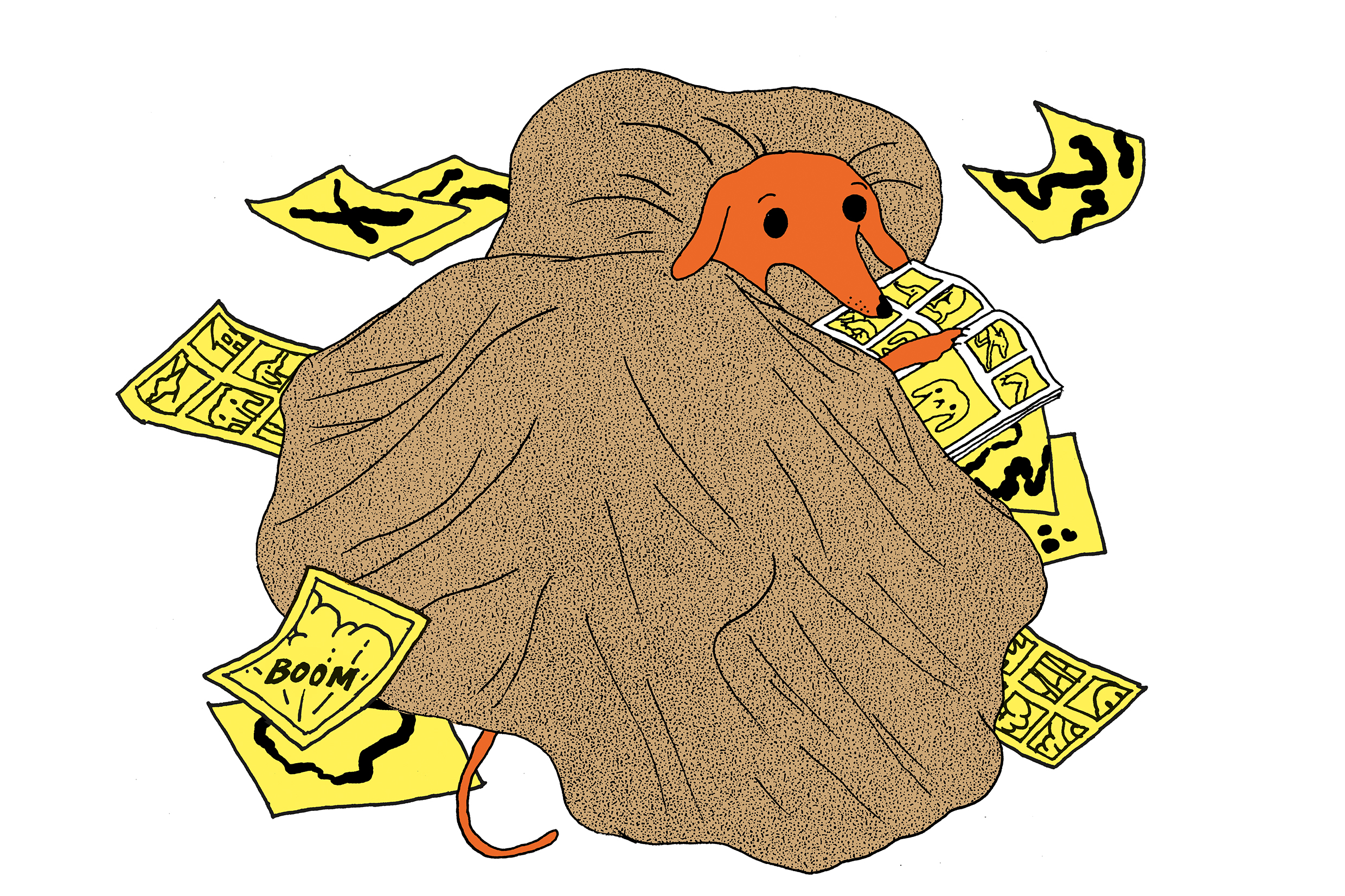 Illustrerad bild en orange hund som ligger i en säng med gula serietidningar sprida runt omkring sig. Bilden är för Stockholms internationella seriefestival.