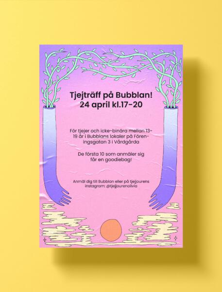 Poster för tjejjouren Olivia, växter som kommer ur händerna, sol och moln