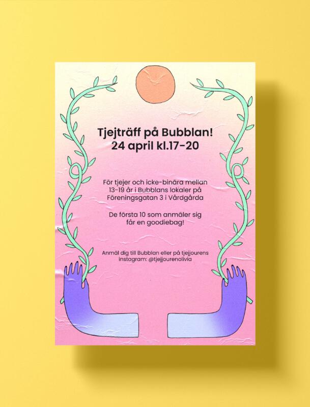 Poster för tjejjouren Olivia, växter som kommer ur händerna, sol och moln