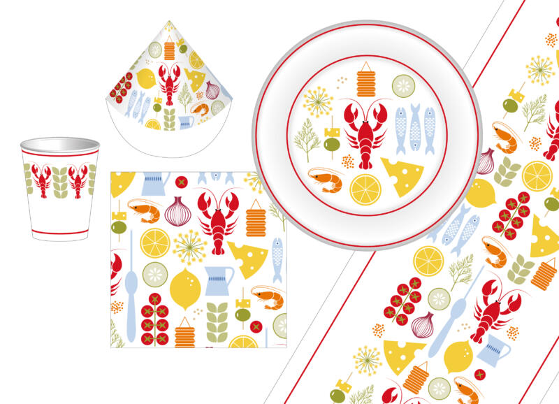 En illustration av fem olika artiklar med kräftmönster på. Pappersmugg, pappershatt, servett, papperstallrik och en pappersduk.