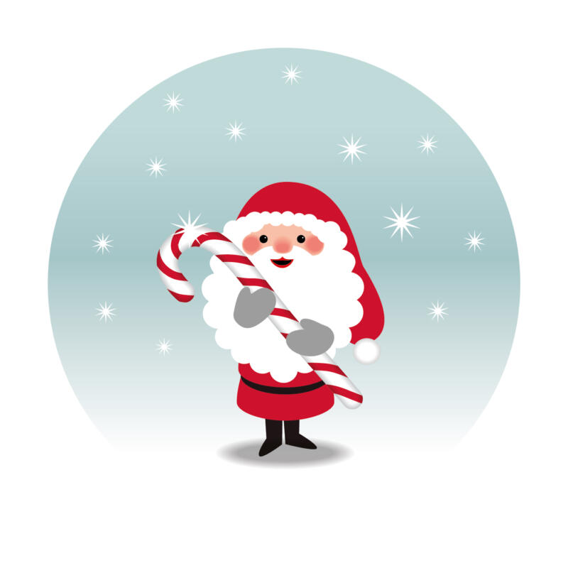Illustration av en tomte som håller i en stor polkagrisstång.