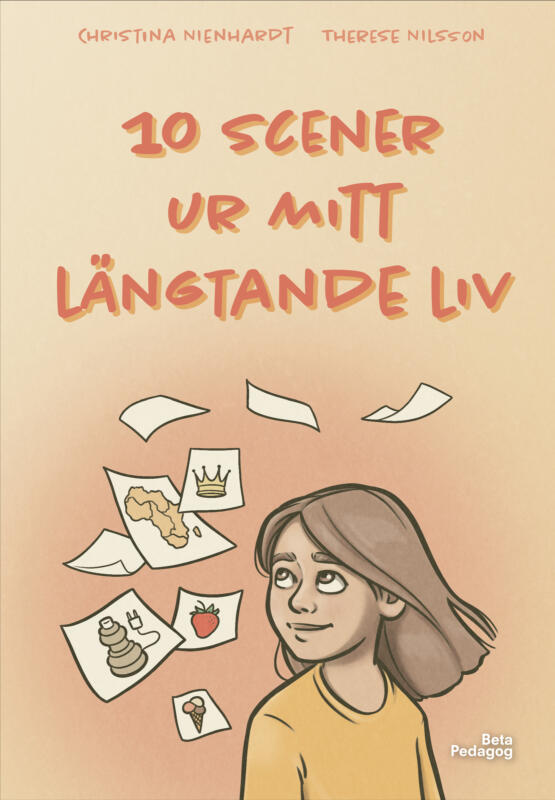 Tecknat omslag till en barnbok, ett barn som drömmer sig bort bland flygande pappersark med olika bilder på
