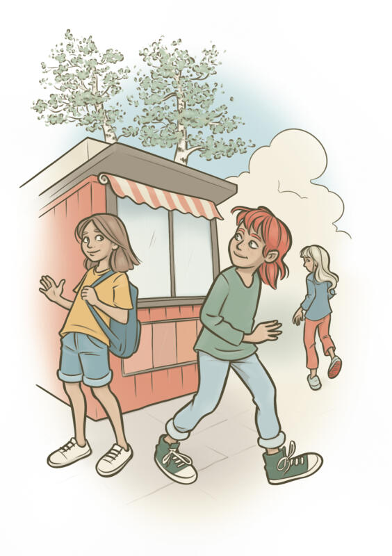Tecknad bild på barn som vinkar hejdå vid en gammeldags liten röd kiosk i vackert försommarväder