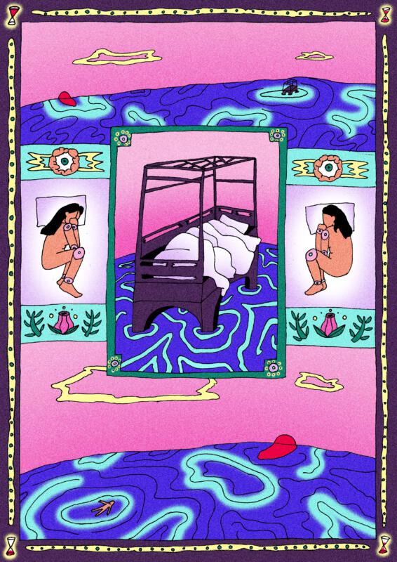 Digital illustration om hemlängtan, person som sover, öppet hav och en kinesisk säng