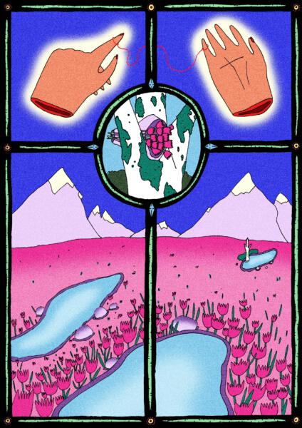 Digital illustration om hemlängtan, händer som håller i en tråd och natur i bakgrunden