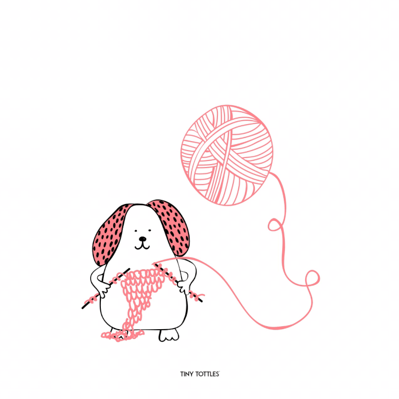Animation av illustrerad hund som stickar 