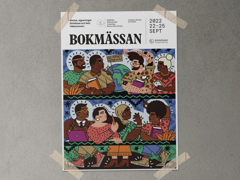 Affisch med illustreade männiksor och texten bokmässan 2022
