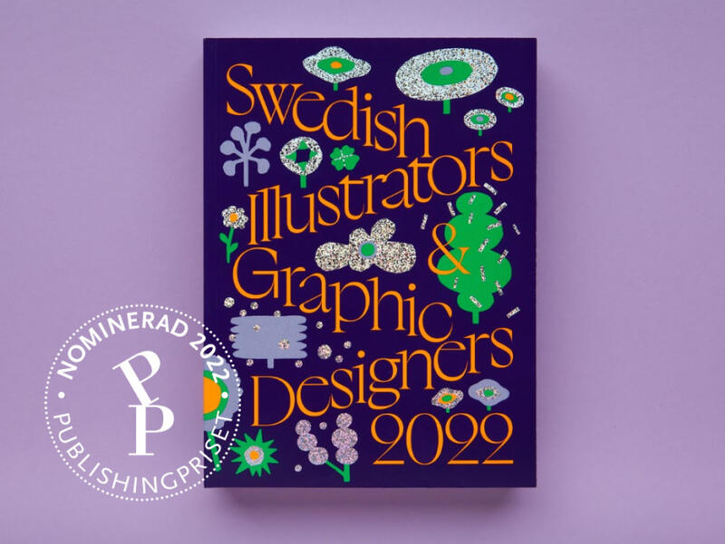 Katalog med lila botten och glitter och orange bokstäver Swedish Illustrators and Graphic designers