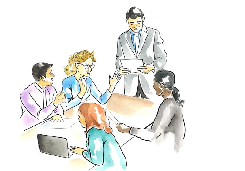 Illustration i akvarell, till bok om ledarskap. Samarbete, möte, arbete, illustration. 