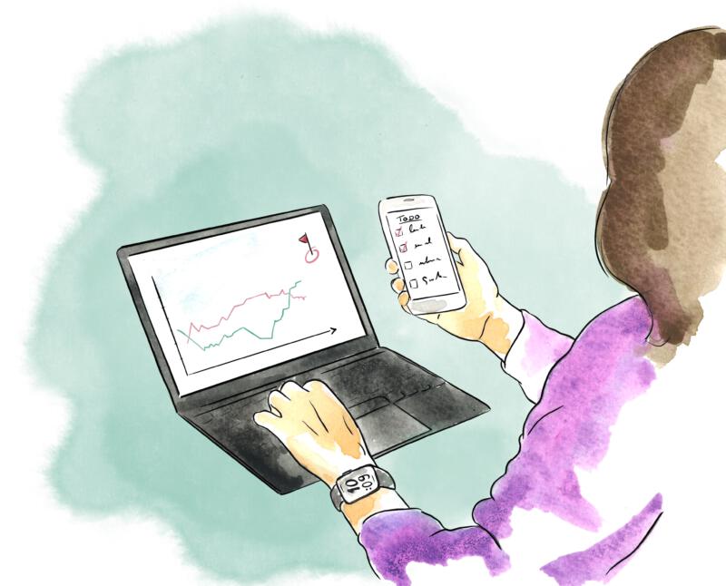 Illustration i akvarell, till bok om ledarskap. Arbete, dator, mobil. Illustration. 