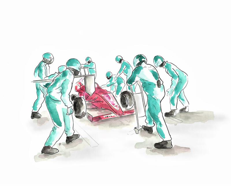 Samarbete, illustration, racerbil, racerförare.