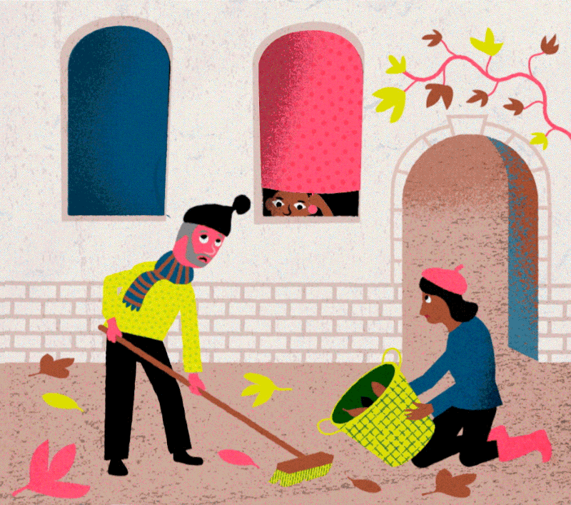 Animation som föreställer höststädning i en bostadsrättsförening