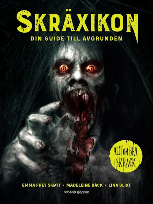 Omslagsbild till faktaboken Skräxikon.  Läskigt monster med stirrande ögon. Vassa tänder och blod som rinner. 