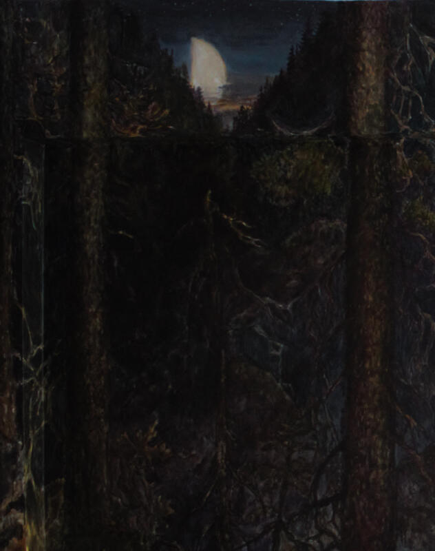 Måne lyser över blandskog,  al fresco, akrylfärg, väggmålning, monumentalt format, naturmotiv
