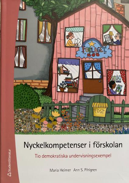 Omslag till lärobok. Ett förlagshus där man ser hur alla arbetar inne i fönstren. Naivistisk stil. färgglatt. 