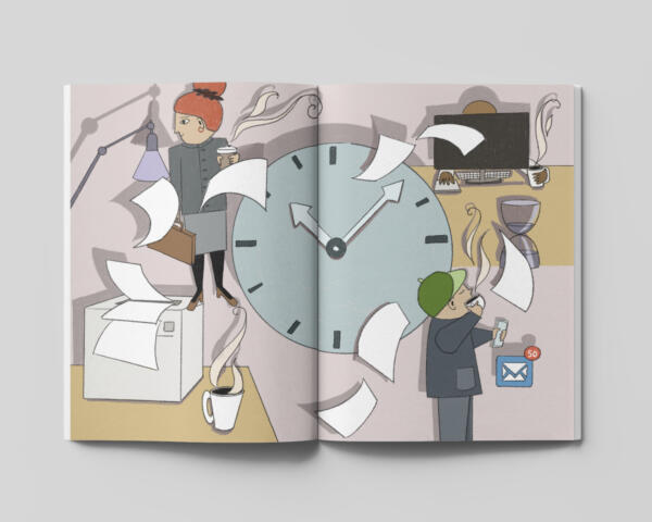 illustration av kontorsmiljö, jobb och kaffe