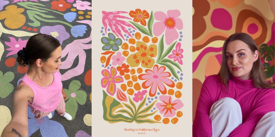 porträtt av en ung kvinna och en illustration med blommor