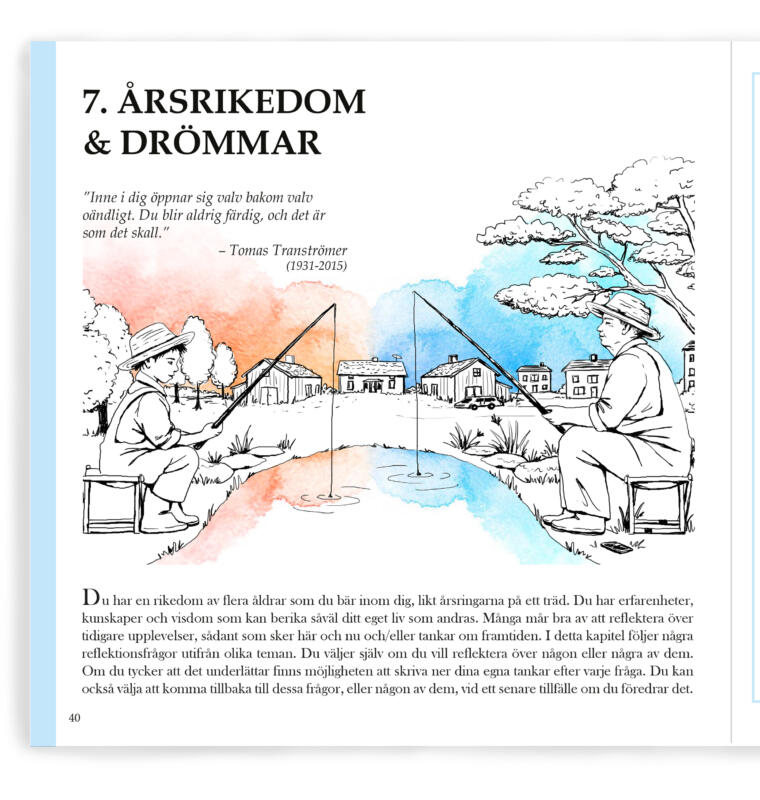 Akvarell, Digital illustration, Digitalt, Hälsa, Illustration, handtecknat, Medicin, Omsorg, Sjukvård, Skiss, Teckning, Tusch, Vektor, Visualisering, Tecknat, digital teknik , Visuell kommunikation, Äldreomsorg, fiske, fiskespö, pojke, äldre man, sjö, landskap, tid, 