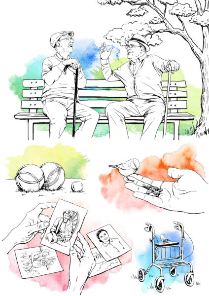 Akvarell, Digital illustration, Digitalt, Hälsa, Illustration, handtecknat, Medicin, Omsorg, Sjukvård, Skiss, Teckning, Tusch, Vektor, Visualisering, Tecknat, digital teknik , Visuell kommunikation, Äldreomsorg, parkbänk, äldre män, äldre man, pensionärer, boule, hand, fågel, fotografier, minnen, 