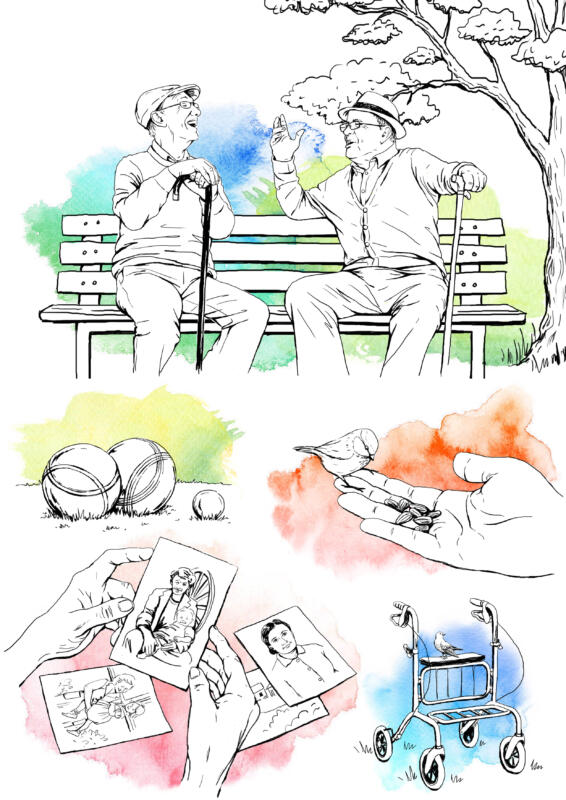 Akvarell, Digital illustration, Digitalt, Hälsa, Illustration, handtecknat, Medicin, Omsorg, Sjukvård, Skiss, Teckning, Tusch, Vektor, Visualisering, Tecknat, digital teknik , Visuell kommunikation, Äldreomsorg, parkbänk, äldre män, äldre man, pensionärer, boule, hand, fågel, fotografier, minnen, 