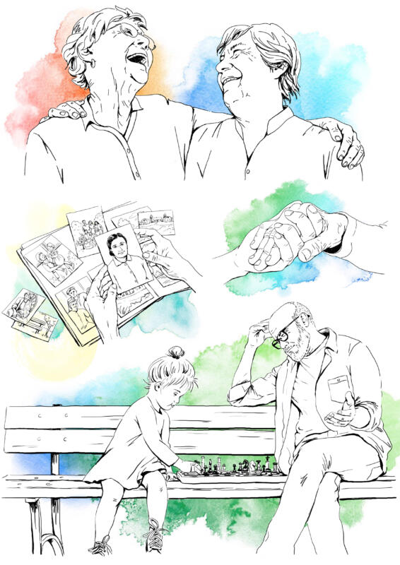 Akvarell, Digital illustration, Digitalt, Hälsa, Illustration, handtecknat, Medicin, Omsorg, Sjukvård, Skiss, Teckning, Tusch, Vektor, Visualisering, Tecknat, digital teknik , Visuell kommunikation, Äldreomsorg, äldre kvinna, äldre man, barn, flicka, schack, parkbänk, foton, fotografier, fotoalbum, händer, gemenskap, glödje, samspel
