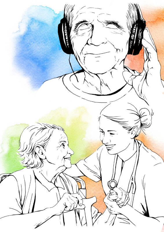 Akvarell, Digital illustration, Digitalt, Hälsa, Illustration, handtecknat, Medicin, Omsorg, Sjukvård, Skiss, Teckning, Tusch, Vektor, Visualisering, Tecknat, digital teknik , Visuell kommunikation, Äldreomsorg, hörlurar, musik, glädje, äldrevård, vårdpersonal, äldre man, äldre kvinna, möte, händer, omtanke