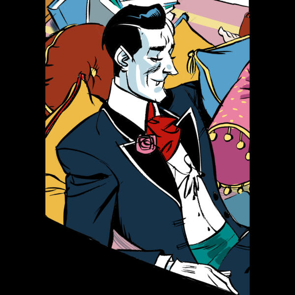 Illustration av leende vampyr i elegant kostym som lutar sig mot kuddar.