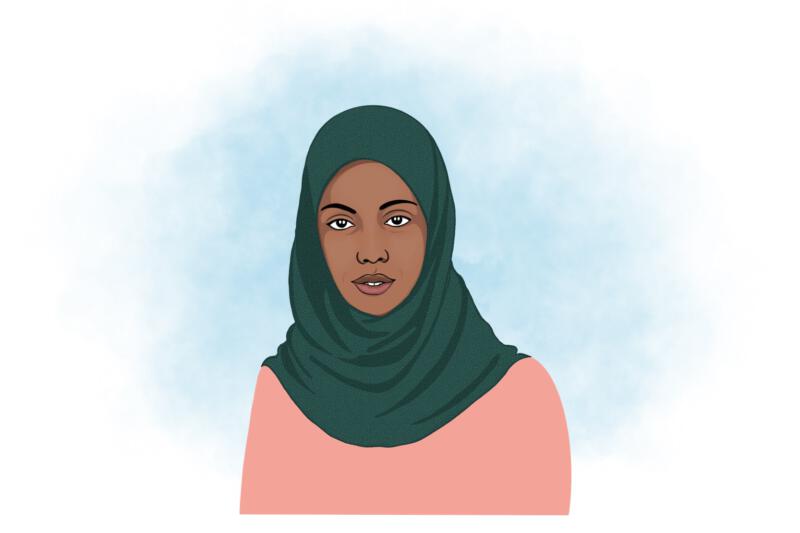 Flicka i grön hijab. Digitalt målad flicka.