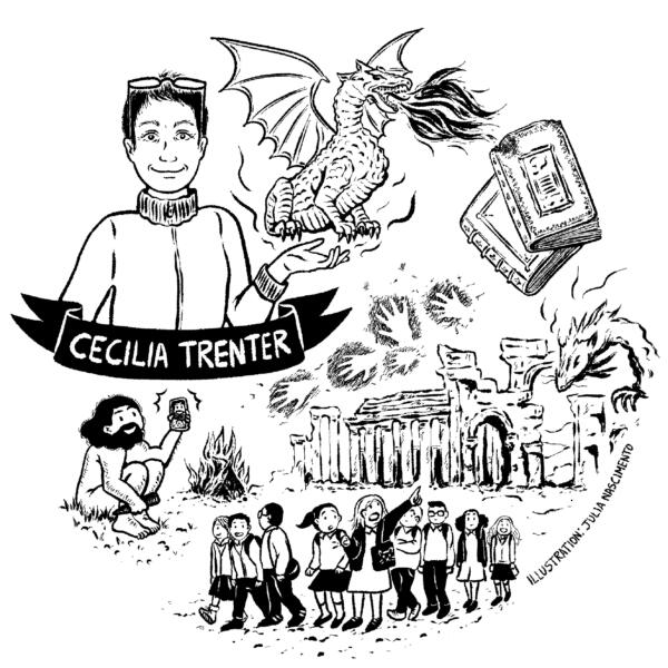 Tecknat porträtt av forskaren Cecilia Trenter, omgiven av fornminnen och drakar