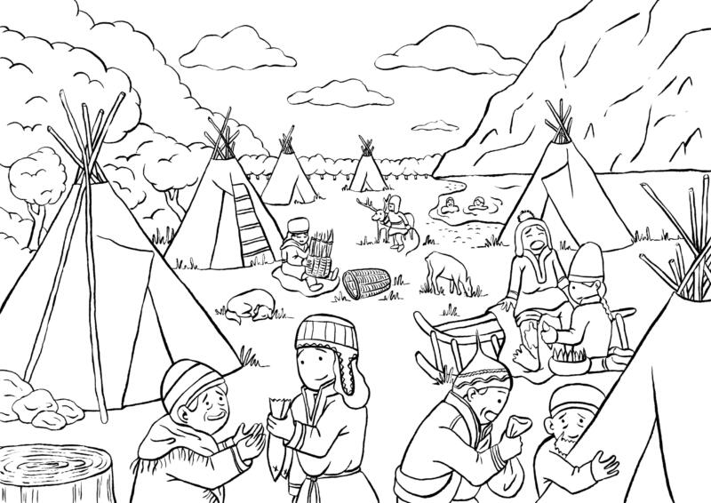 Linjeillustration av en sameby med några klykstångskåta och människor som hjälper varandra