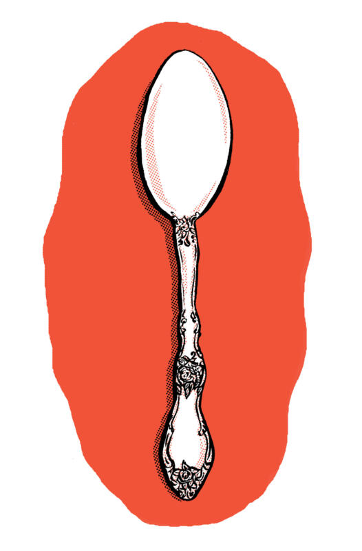 Illustration i svartvitt och rött av en tesked med genombrutet mönster