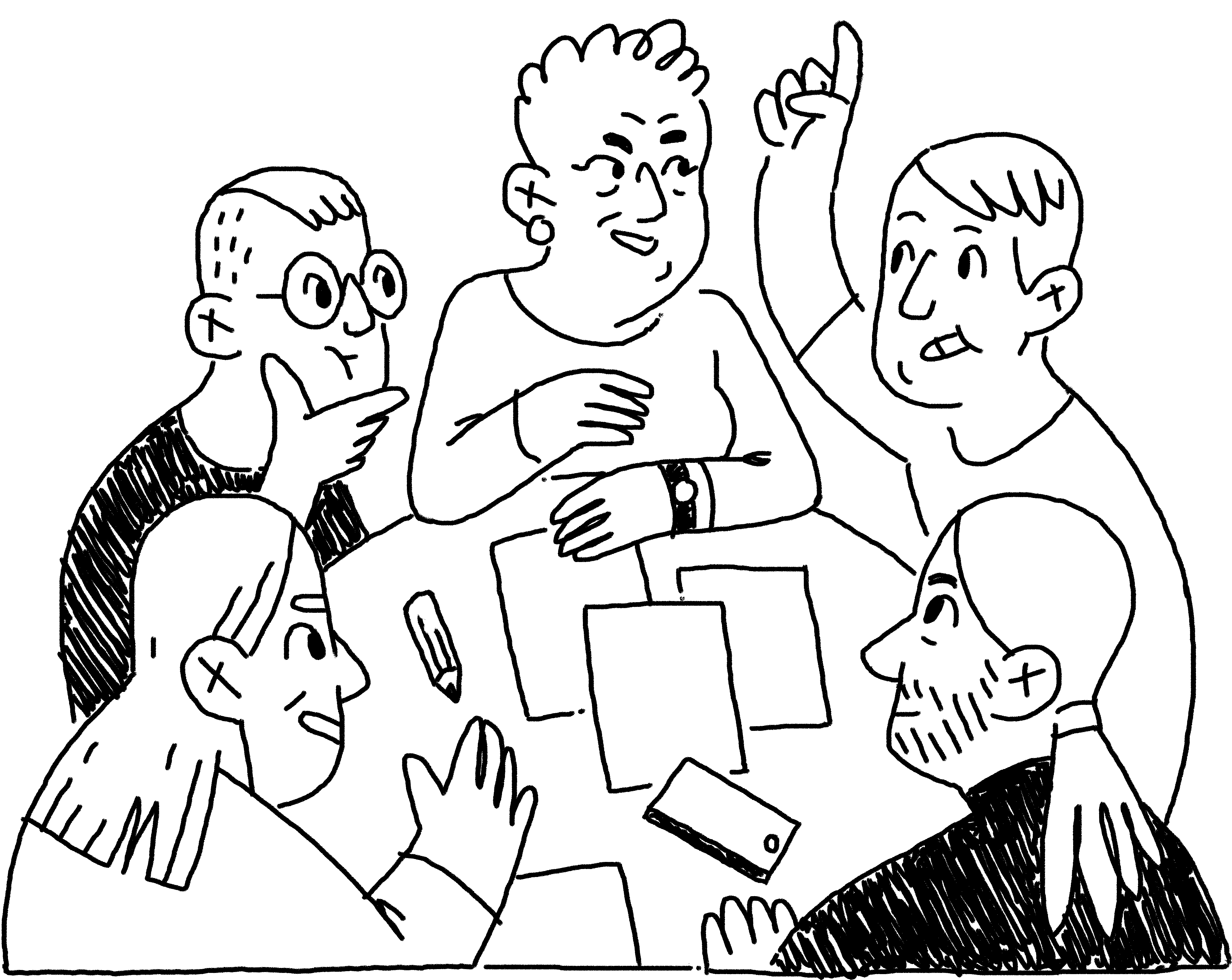 Svartvit illustration av människor som möts och samtalar runt ett bord.