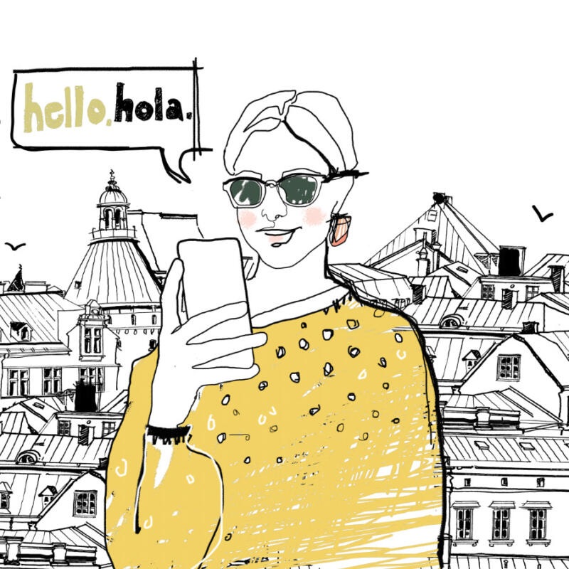 handgjord illustration av ung kvinna med telefon framför en stad med ritade hus