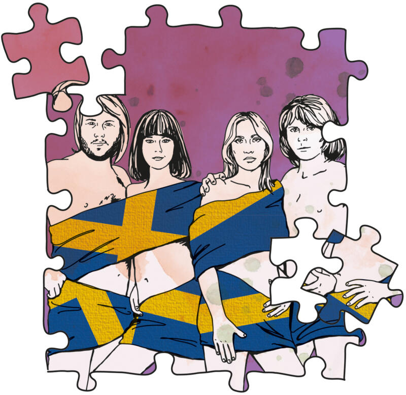 akvarell, tecknad bild, tecknat, vattenfärg, illustration, svensk illustratör, illustratör, handtecknat, handritat, handritad illustration, ABBA, Sverige, pussel, pusselbitar