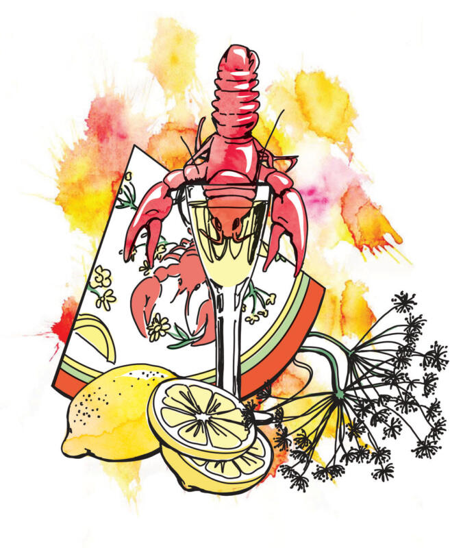 akvarell, tecknad bild, tecknat, vattenfärg, illustration, svensk illustratör, illustratör, handtecknat, handritat, handritad illustration, kräftor, kräftskiva, sverige, svensk mat, kräfta, dill, citron, snaps, snapsglas