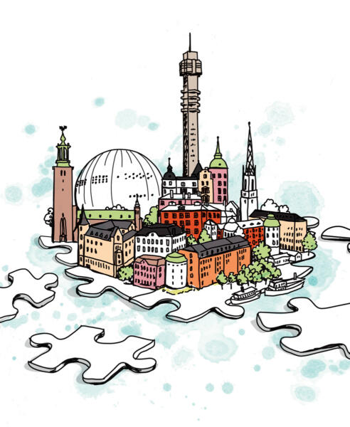 akvarell, tecknad bild, tecknat, vattenfärg, illustration, svensk illustratör, illustratör, handtecknat, handritat, handritad illustration, Stockholm, Gamla stan, Globen, pussel, pusselbitar, Stad, Huvudstad, Stadshuset, Kaknästornet, Mensa, EMAG, European Mensa Annual Gathering