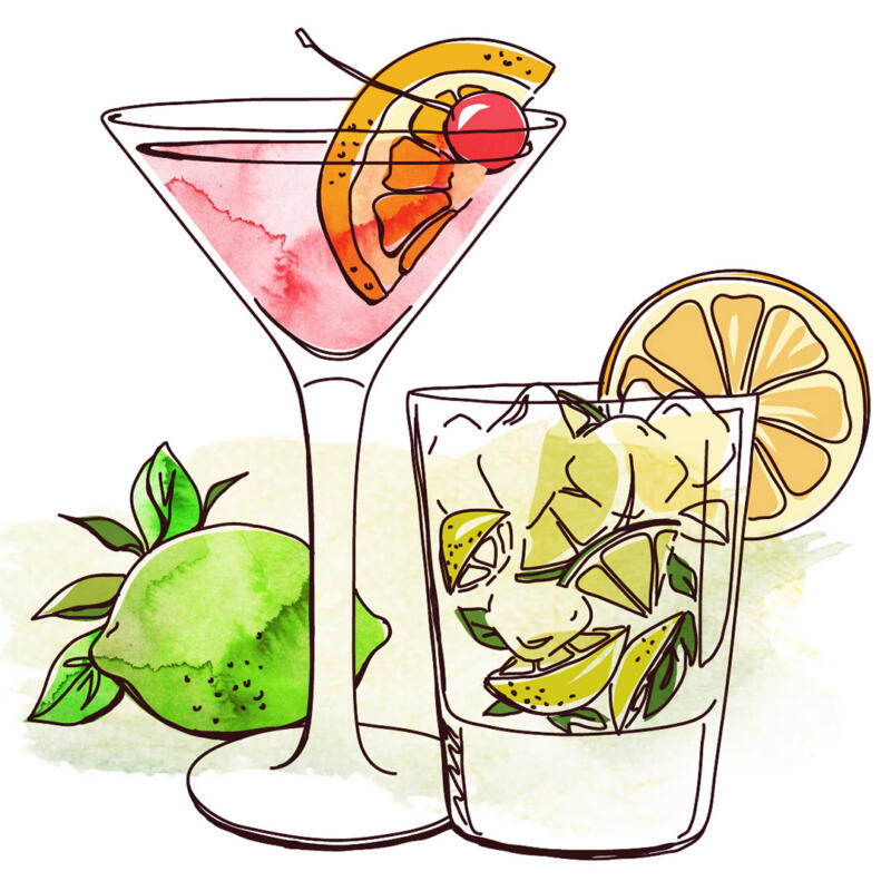 akvarell, tecknad bild, tecknat, vattenfärg, illustration, svensk illustratör, illustratör, handtecknat, handritat, handritad illustration, drink, glas, frukt, lime, citron, coctail