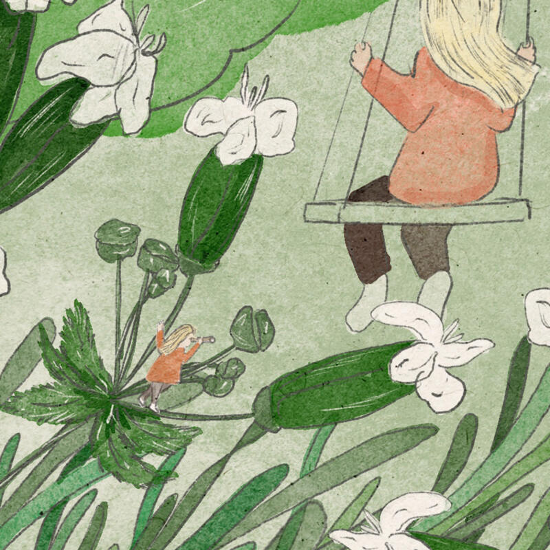 Utsnitt av illustration där barn kikar genom kikare i landskap av blommor och gröna växter. 