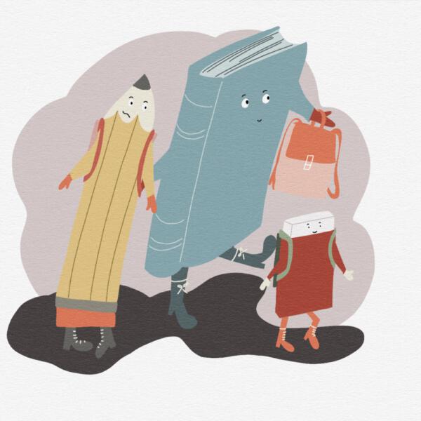 Redaktionell illustration av bok, penna och sudd som är påväg till skolan. Några är glada och förväntansfulla medan andra är nervösa.  Att börja skolan kan vara både kul och ångestfyllt. 