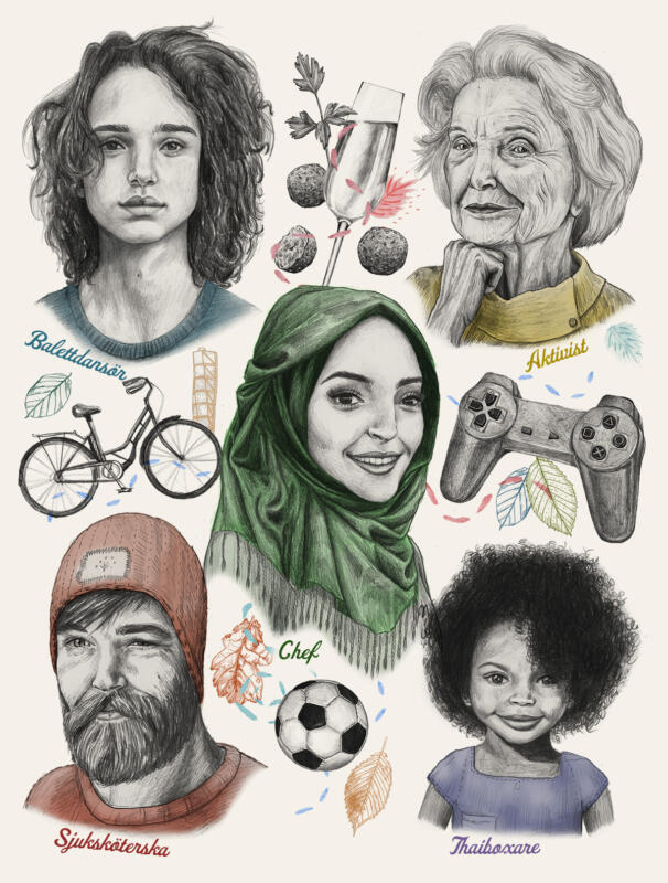 Ett kollage gjort av blyerts föreställande en mångfald av personer som bor i Malmö stad. De har många erfarenheter och kunskapsområden, med olika yrken och intressen. Gaming, cykel, fotboll, idrott, mat och dryck. Män, kvinnor, barn, unga, gamla.