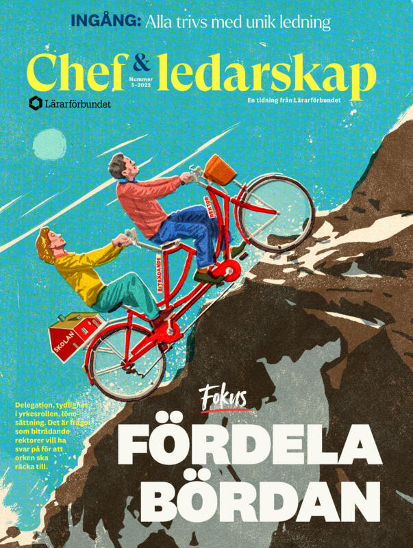 The cooperation between the school principal and the assistant principal in schools in Sweden. Tandem bicycle up a hill, mountains.