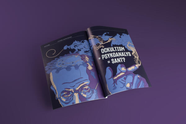 Foto av helsidesillustration I Modern Psykologi. Närbild av Sigmund Freud som röker en cigarr. Röken tar formen av spöklika gestalter som flyger mot en seans som pågår på hans huvud.