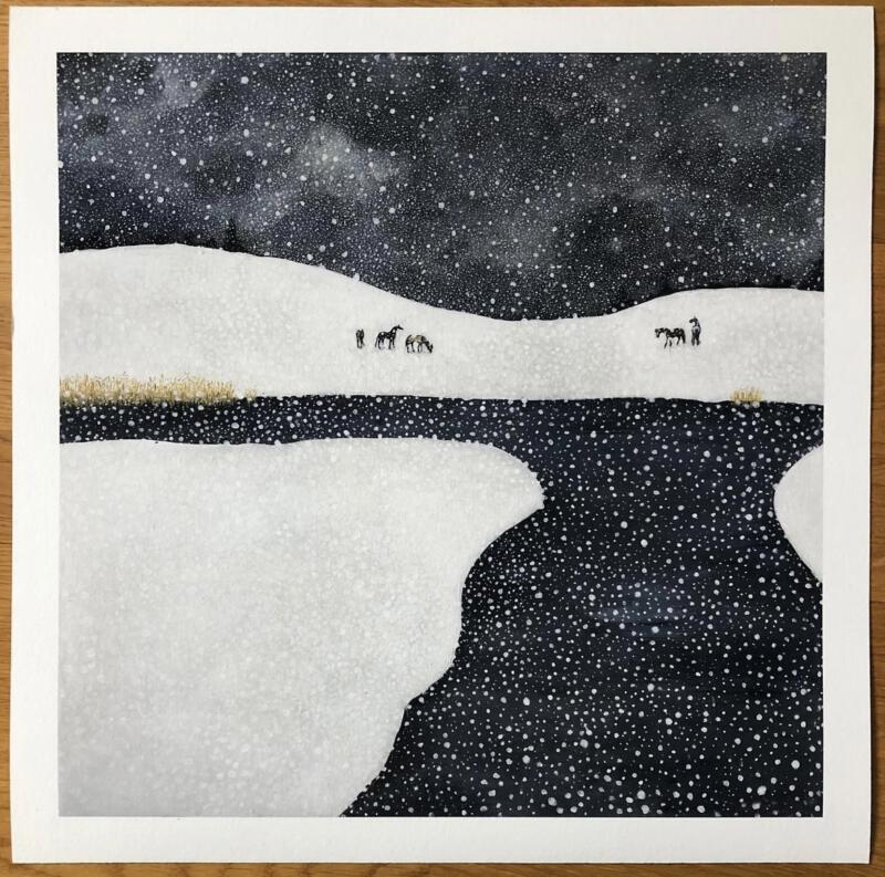 Hästar snö landsbygd illustratör