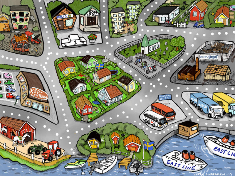 Spel, polisen, polis, tullen, stad, illustratör, illustration